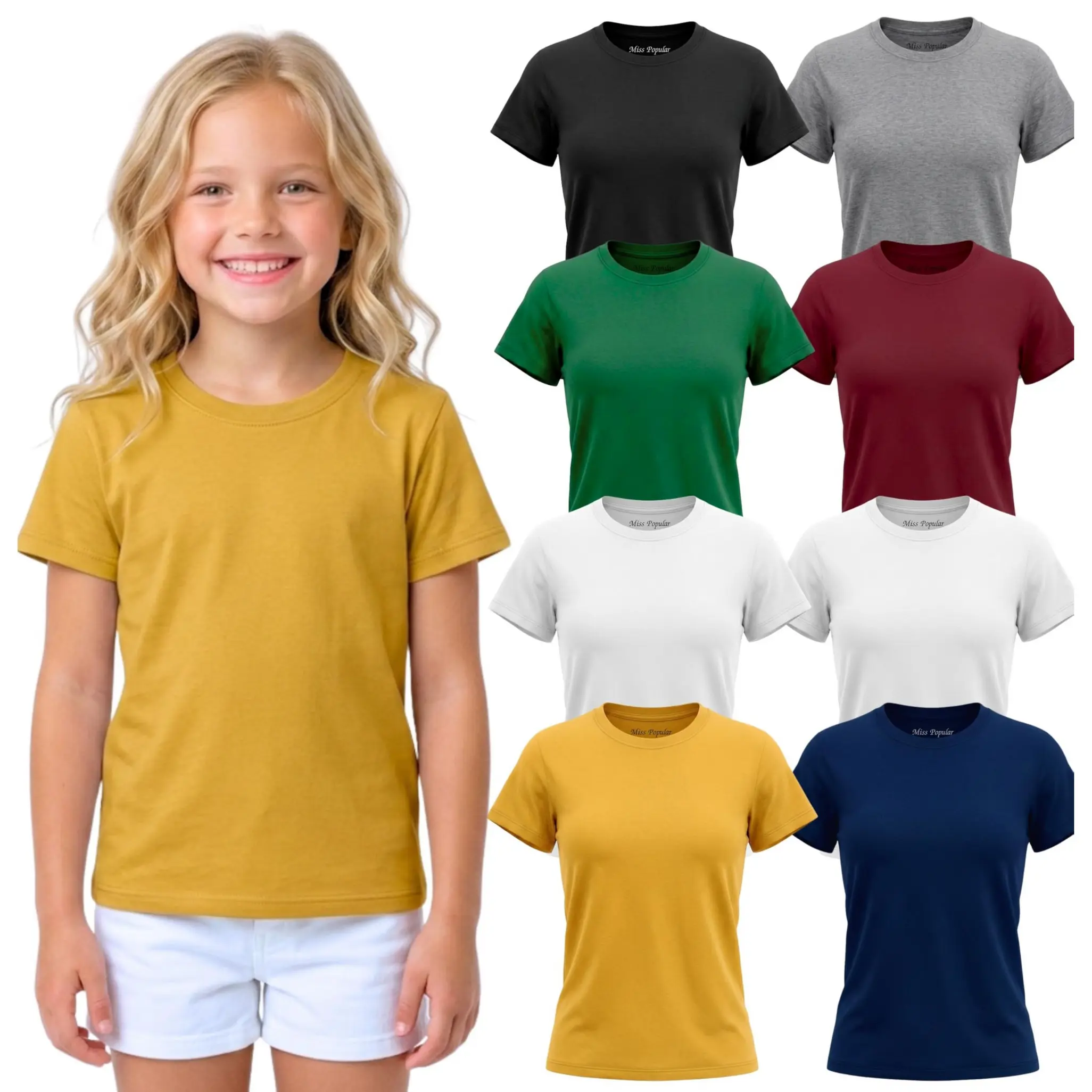 MISS POPULAR Girls' 8-Pack Super Soft Polycotton Short Sleeve Crew Neck T Shirts, Assorted Color Solid Tees