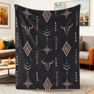 Comfy Soft Throw Blanket Digital Print Polyester Knitted Retro Western Style Flannel - Mid Century Design With Bull & Geometric Patterns For Bed,Sofa,Office,Camping - All Seasons