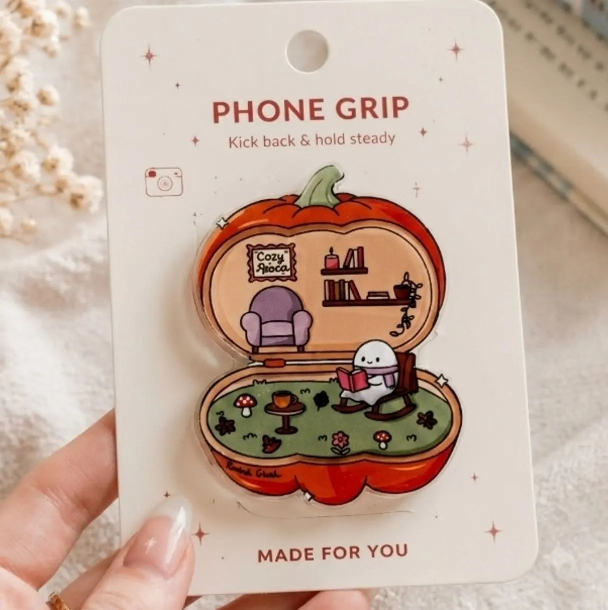 Cozy Ghost Phone Grip, Aesthetic Halloween Stand, Cute Reader Accessory