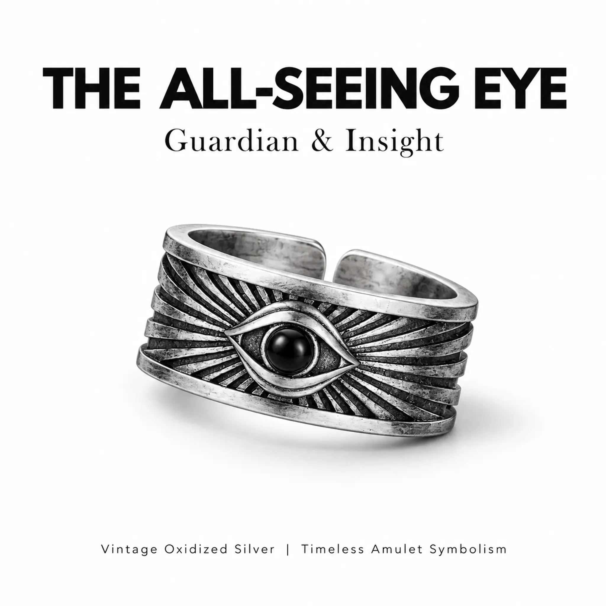 UNLOCK Sunburst Black Onyx Ring for Men Women, Vintage Oxidized Silver 10mm Wide Band Ring, US 7-11 Adjustable Open Gothic Streetwear Thumb Ring