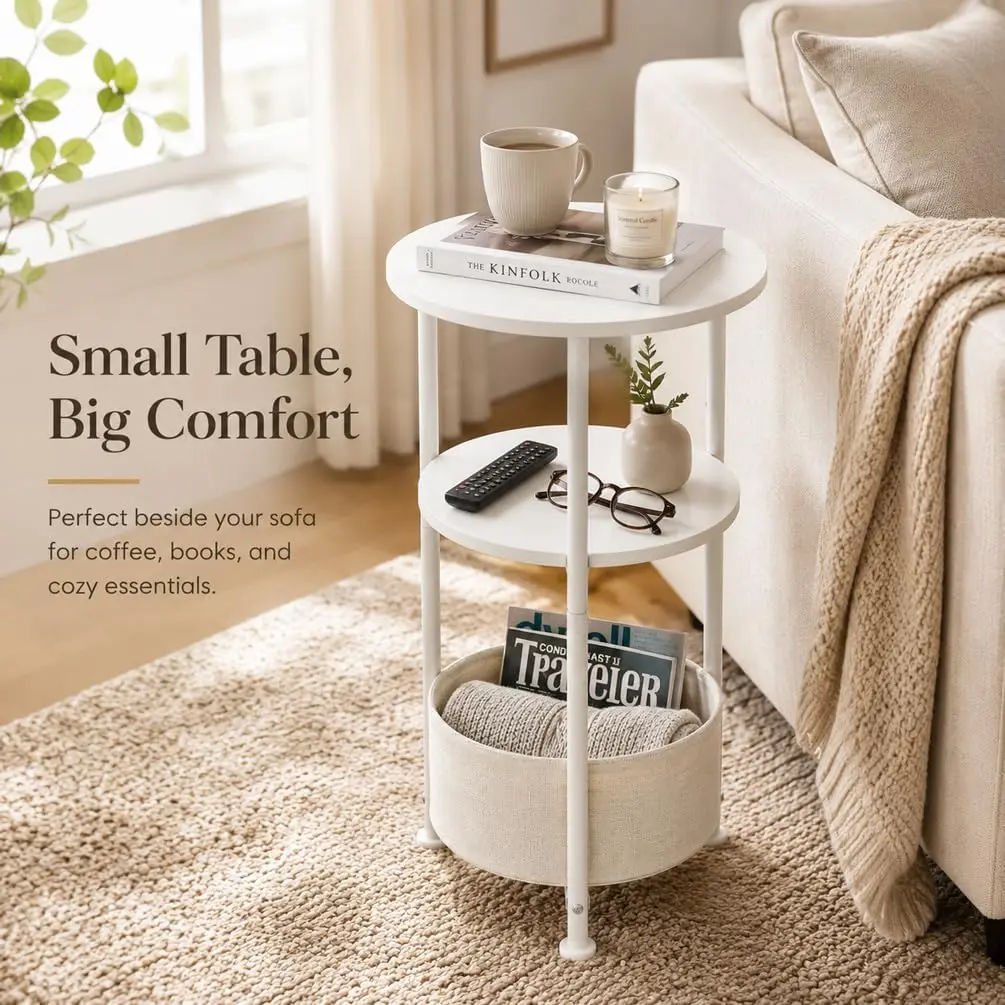 Small Round Side Table with Storage Basket, 3-Tier Narrow End Table Nightstand for Living Room Bedroom, 11.8" Diameter Modern Bedside Table for Small Spaces, Wood Grain & Metal Frame (White)