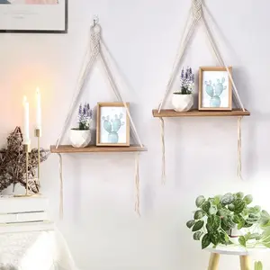 2 Pack Boho Style Wall Hanging Shelf, 2 Counts Handmade Woven Hanging Shelf, Wall Mounted Storage Rack for Home Living Room Bedroom Decor, Wall Mount Design