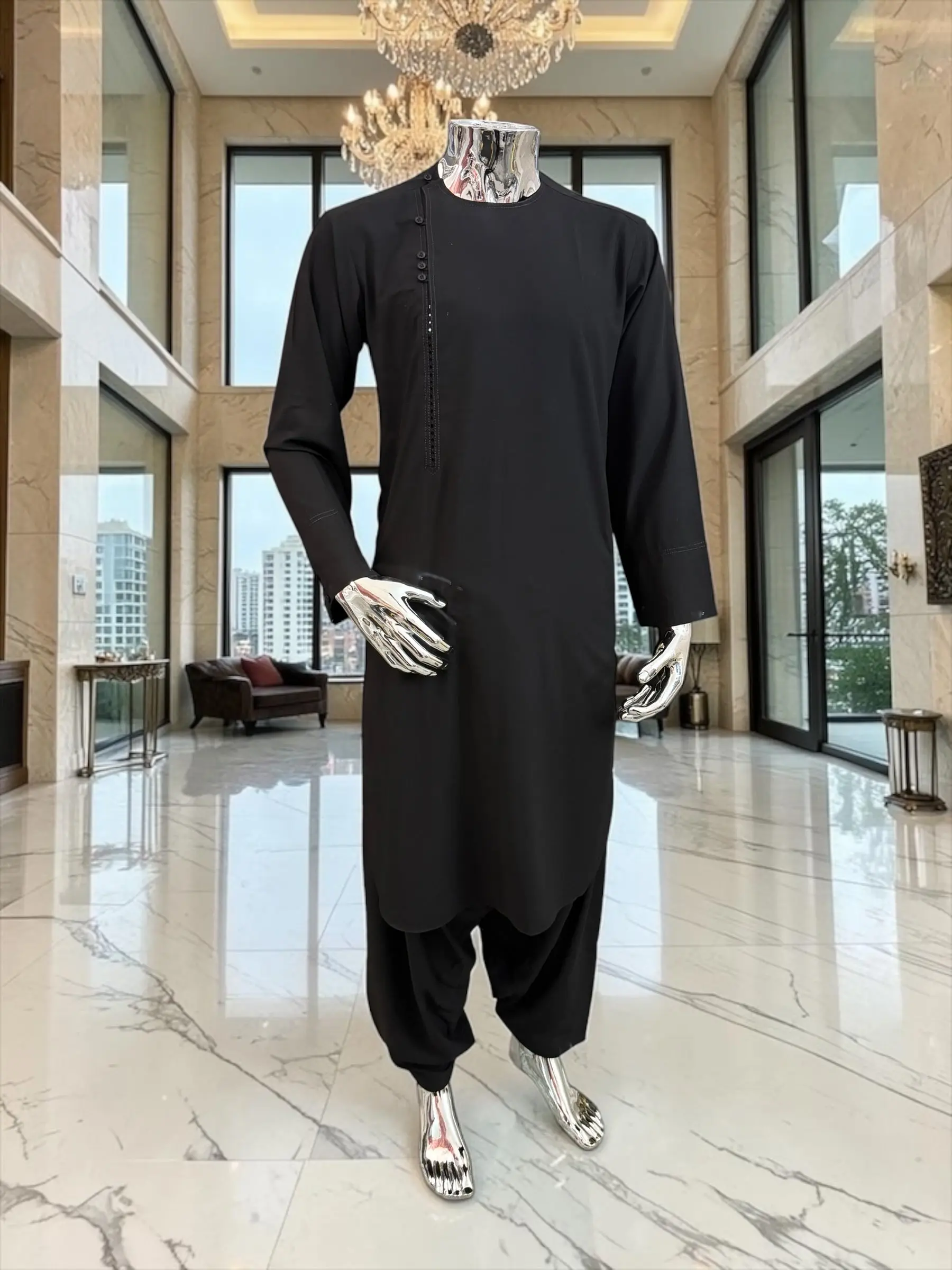 Large Qasimi Design Black Parahan Tunban for Men – Traditional Afghan Outfit with Modern Style