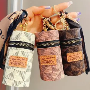 Vintage Leather Key Pouch for Women | Monogram Barrel Keychain | Mini Car Key Organizer Retro Stitched Bag Charm