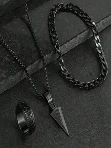 3-Piece Stainless Steel Hip Hop Punk Arrow Pendant Necklace, Bracelet and Ring Set, Unique Cuban Chain Jewelry for Men, Everyday Wear, Perfect Valentine's Gift Idea
