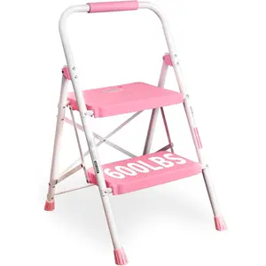 2-Step Ladder, Folding Step Stool, 600lbs Max Load Capacity, Sturdy Steel, Non-Slip Pedals, Lightweight, Portable Steel Ladder with Convenient Handrail, Safety Design for Home & Work, Pink