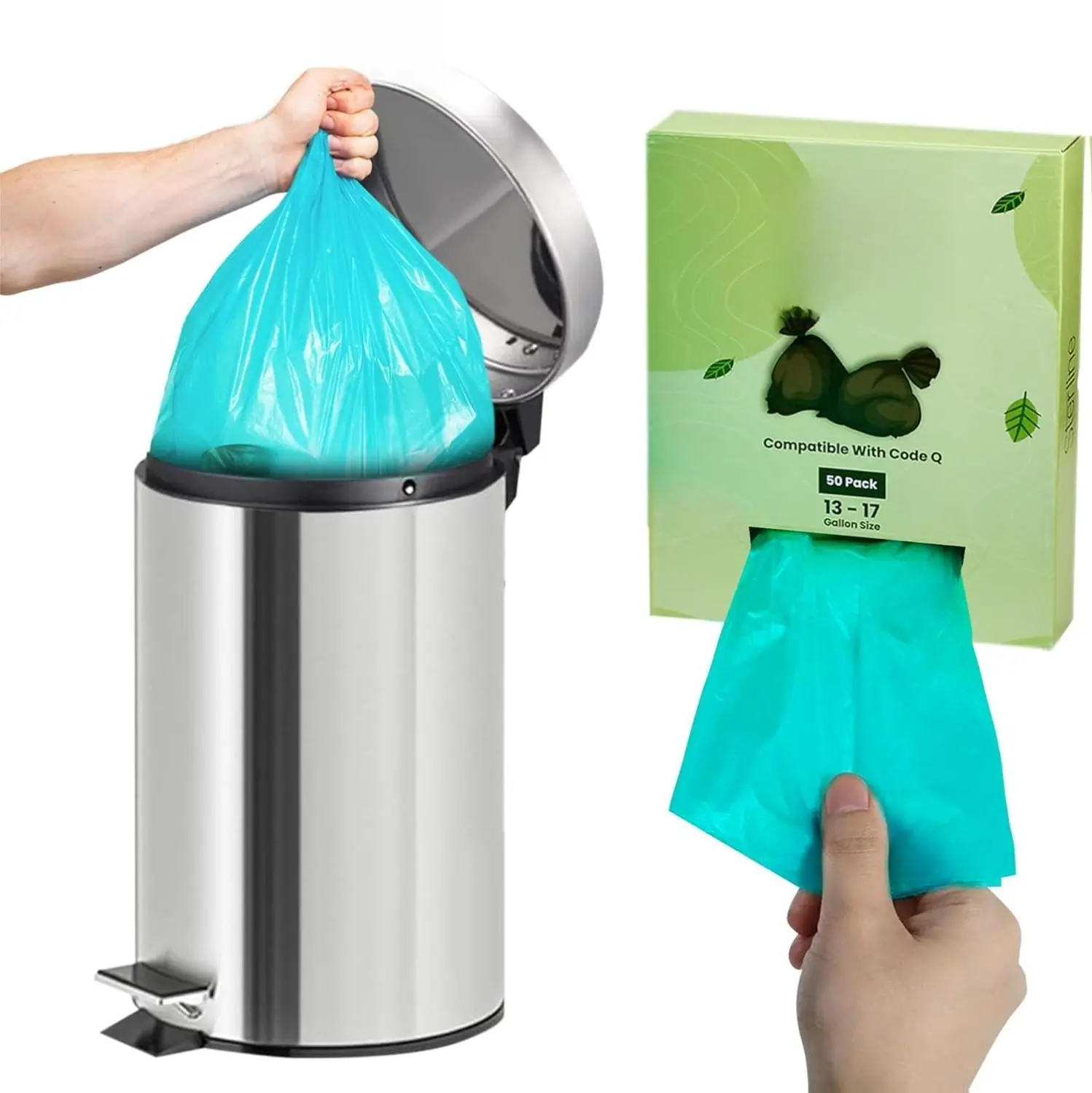 Biodegradable Trash Bags Code Q 13-17 Gallon (50-65L) Simplehuman compatiable Garbage Bags Code Q Heavy Duty, 50 Pack Bin Box