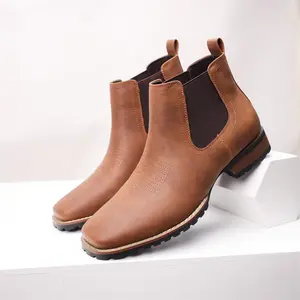 Men's Retro Western Cowboy Ankle Boots Brown Striped Faux Leather Elastic Side Gore Square Toe Durable Rubber Sole All-Season Versatility for Daily Wear & Outdoor Adventures