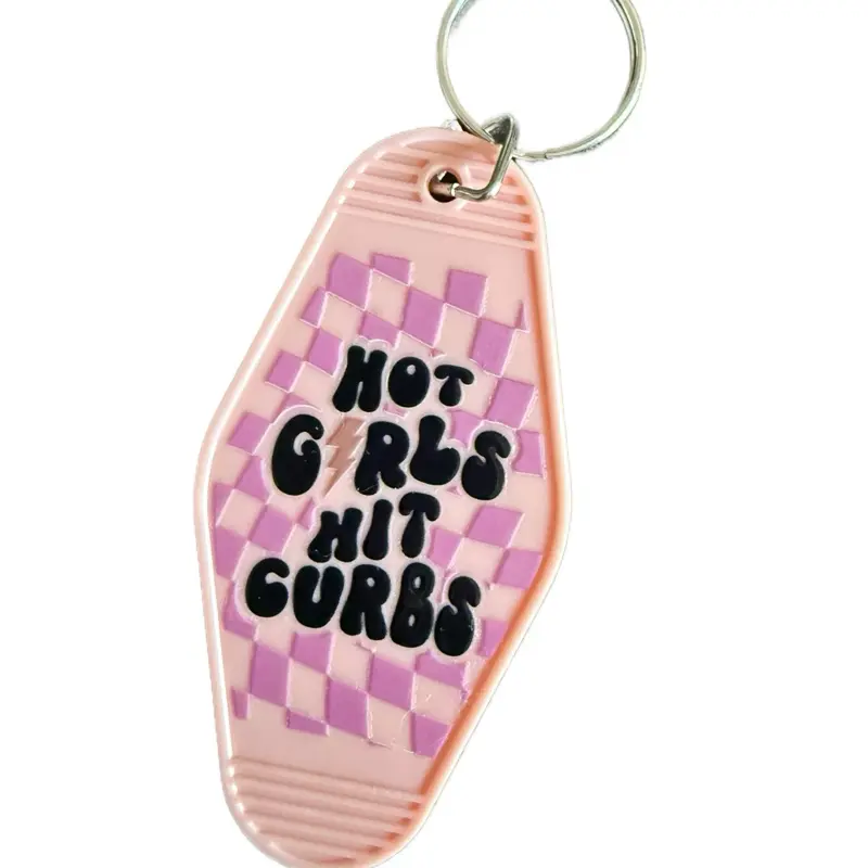 Sassy Acrylic Keychain - Pink Checkerboard Design with "Hot Girls Hit Gurbs" Text - Unique Accessory for Personal Use