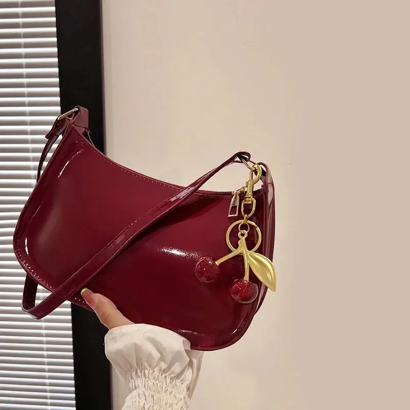 Women’s Glossy Shoulder Bag with Cherry Pendant, Solid Color Underarm Purse with Zipper, Cute Casual Handbag for Everyday Outfits