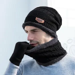 Winter Beret Hat Scarf Gloves Set, Warm Knitted Wool Touchscreen Functionality Gloves for Adults, Ideal Winter Gifts for Men & Women