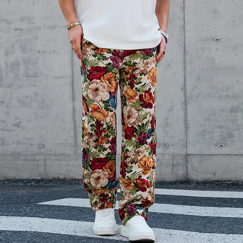 Men's straight-leg pants featuring a retro floral pattern, stylish aesthetic, elastic waistband with adjustable drawstring, loose straight-leg design for comfort and freedom of movement, suitable for everyday casual wear, comfortable active freedom
