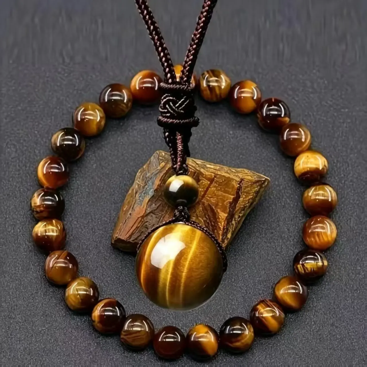 Tiger Eye Bracelet Men, Set of 2 Natural Tiger Eye Necklace Bracelet Adjustable Braided Rope Natural Stone Pendant Natural Stone Bracelet For Men Valentine's Day Birthday Gift neck