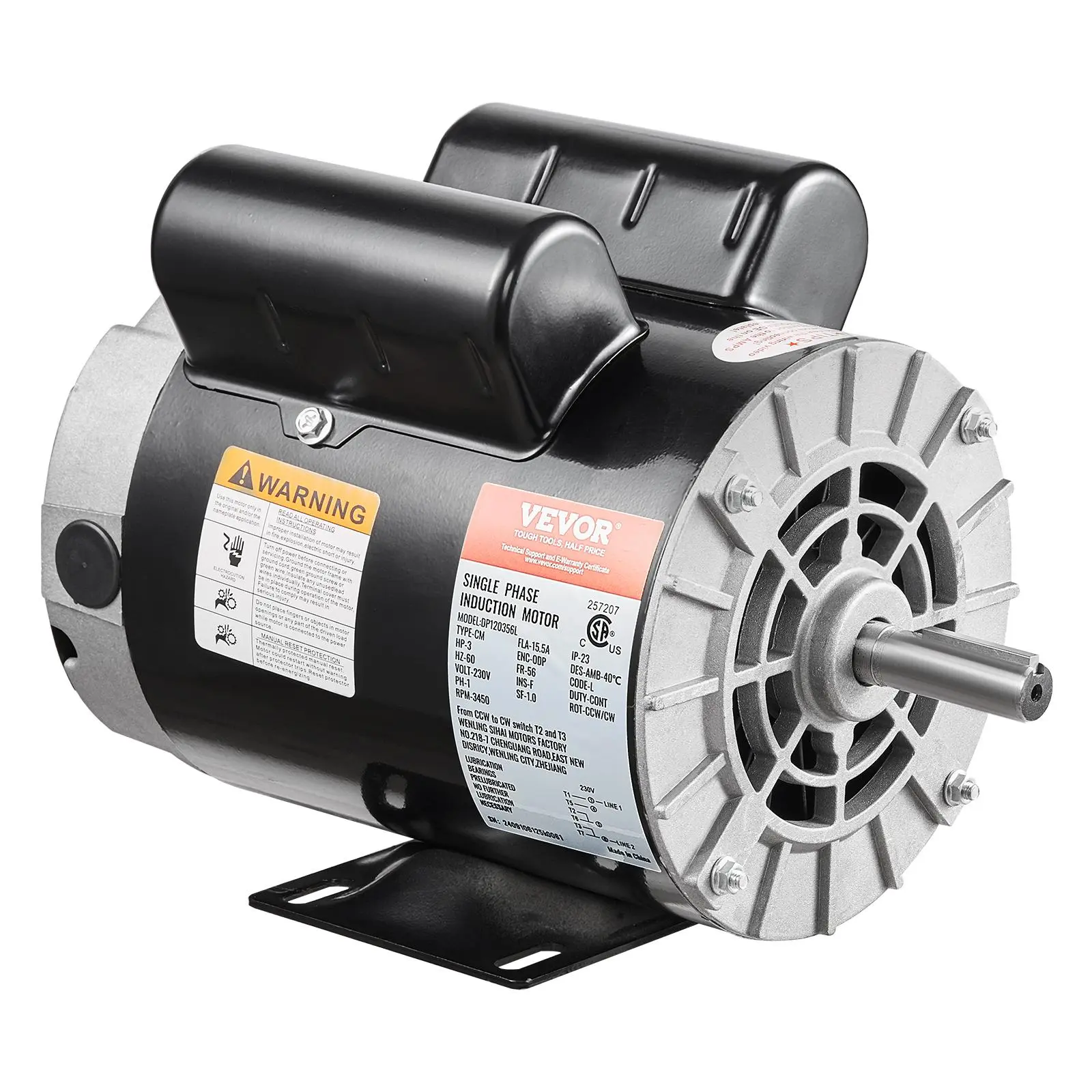【summerfinds】VEVOR 3HP Air Compressor Electric Motor, 230V 15.5 Amps, 56 Frame 3450RPM, 5/8" Keyed Shaft, 1.88" Shaft Length, Single Phase, CW/CCW Rotation (Factory Setting is CCW)