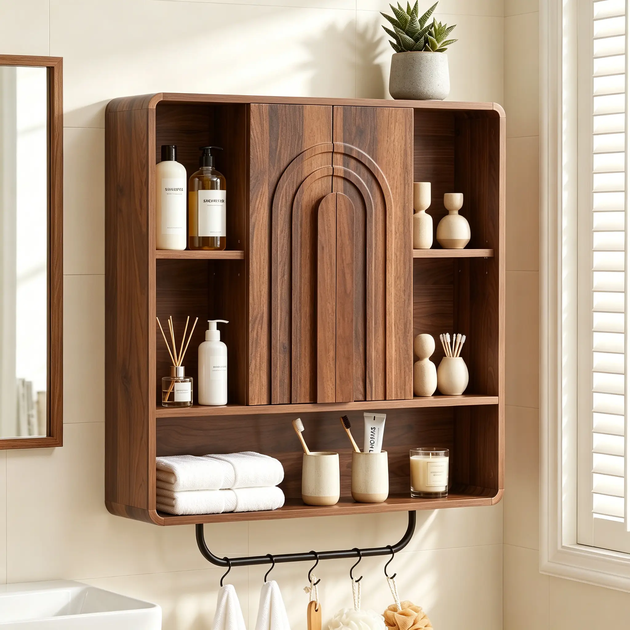 Giratree 31.5" Bathroom Medicine Cabinet with Storage, Wall Mounted Over Toilet Cabinet with Towel Bar & 5 Hooks, Arched Fluted Double Doors, Adjustable Shelves & Open Storage