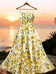 Lemon Print Halter Long Dress, French Style Vacation Dress, Summer Fresh Look, Beach, Beachwear, Casual Chic, New Arrival Ff2606