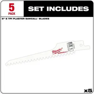 Milwaukee 48-00-5052 5PC SAWZALL 5" 6 TPI Plaster Blades