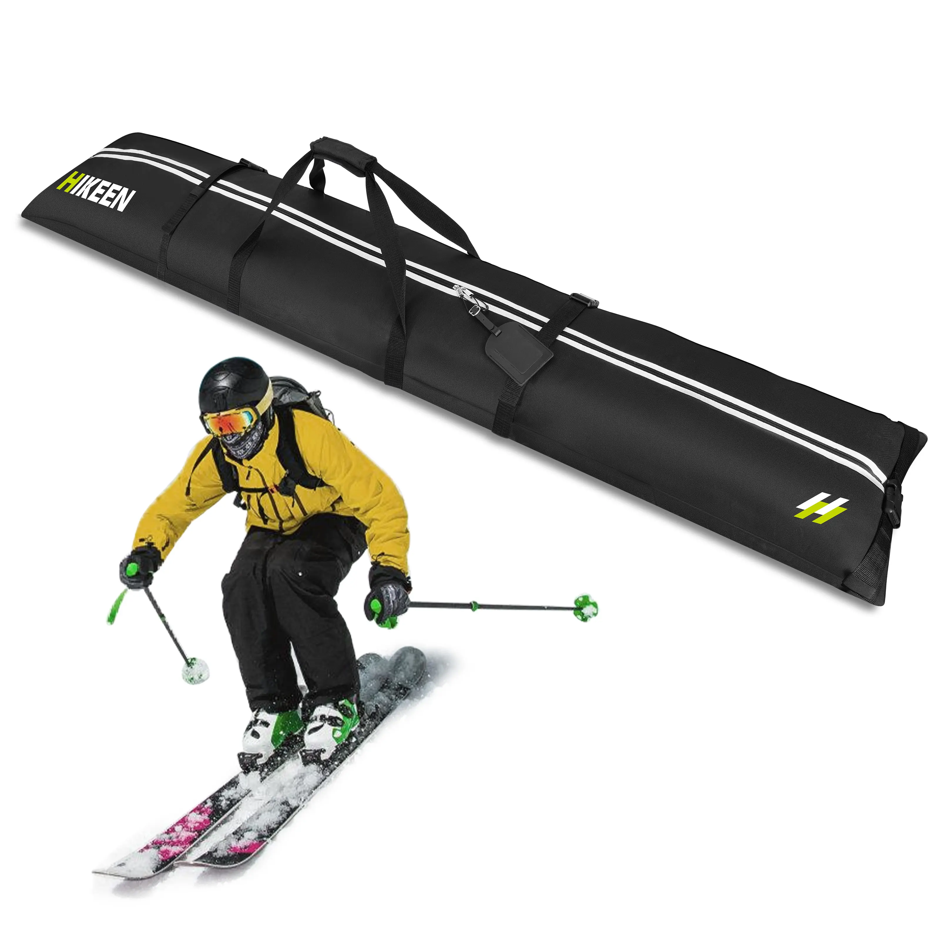 Hikeen 600D Nylon Ski & Snowboard Bag, Fully Padded Waterproof Travel Bag with Adjustable Roll-Top, Fits Gear up to 215cm, Nylon Fabric, 215 Cm Unrolled, Card Pocket