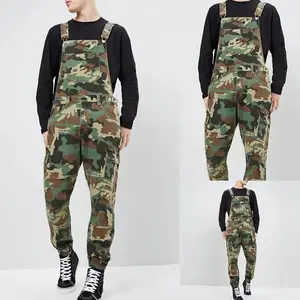 Men’s high-street mid-rise denim jumpsuit/overalls with a camouflage print, spliced pockets, and pencil-leg cut, one-piece design