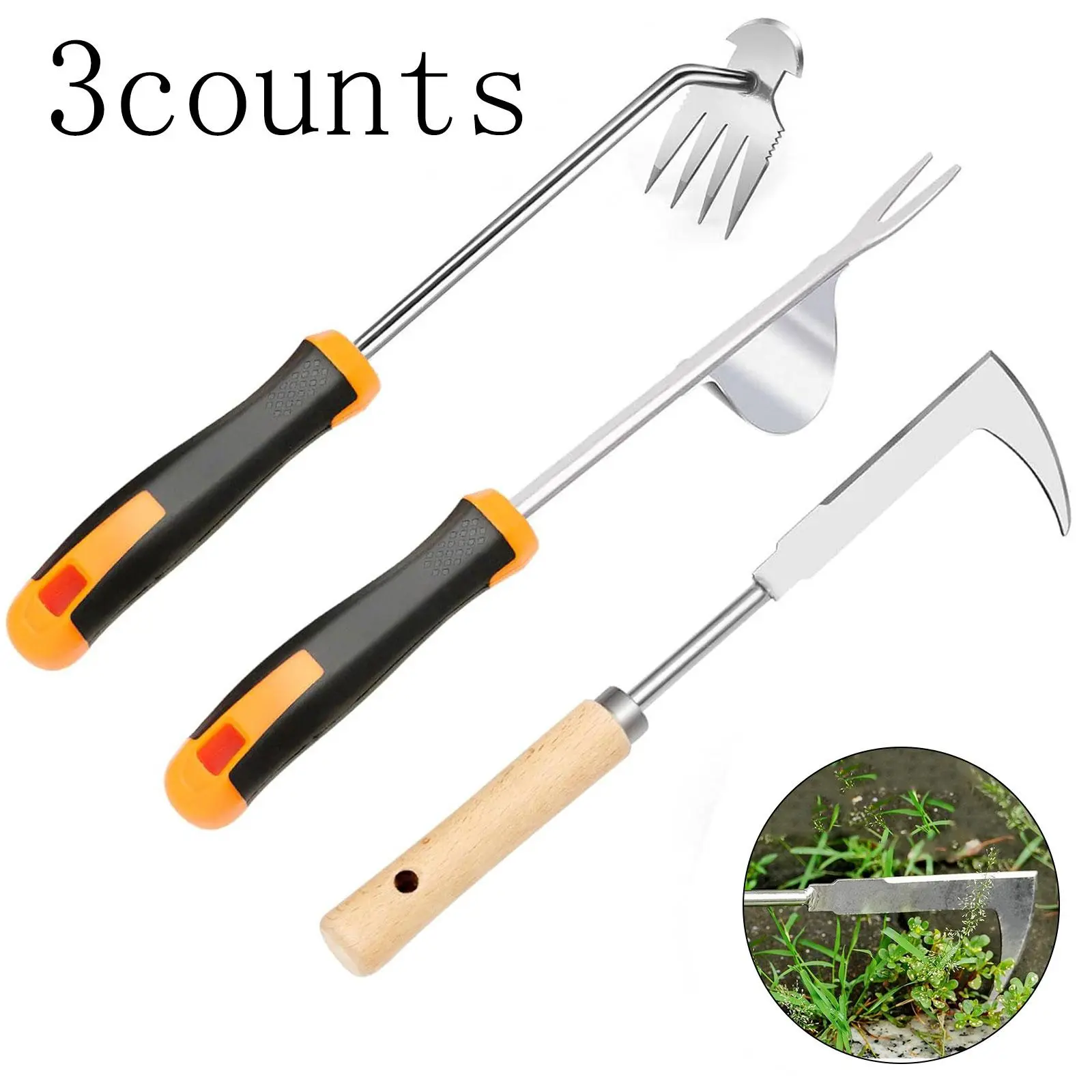 3-Pack Manual Weed Removal Tool Kit, Crack Weeder with Thick Stainless-Steel Head and Rubber Grip, L-Shaped Handle Garden Weeding Tools for Home, Patio, Tent Areas and Driveways