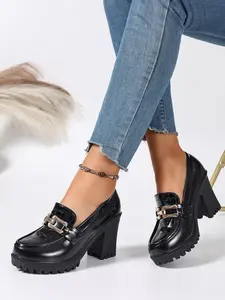 Crocodile Texture Glossy Patched Metal Buckle Chunky Heel Loafers, New 2026 Round Toe Thick Sole Shoes, Office Daily Wear