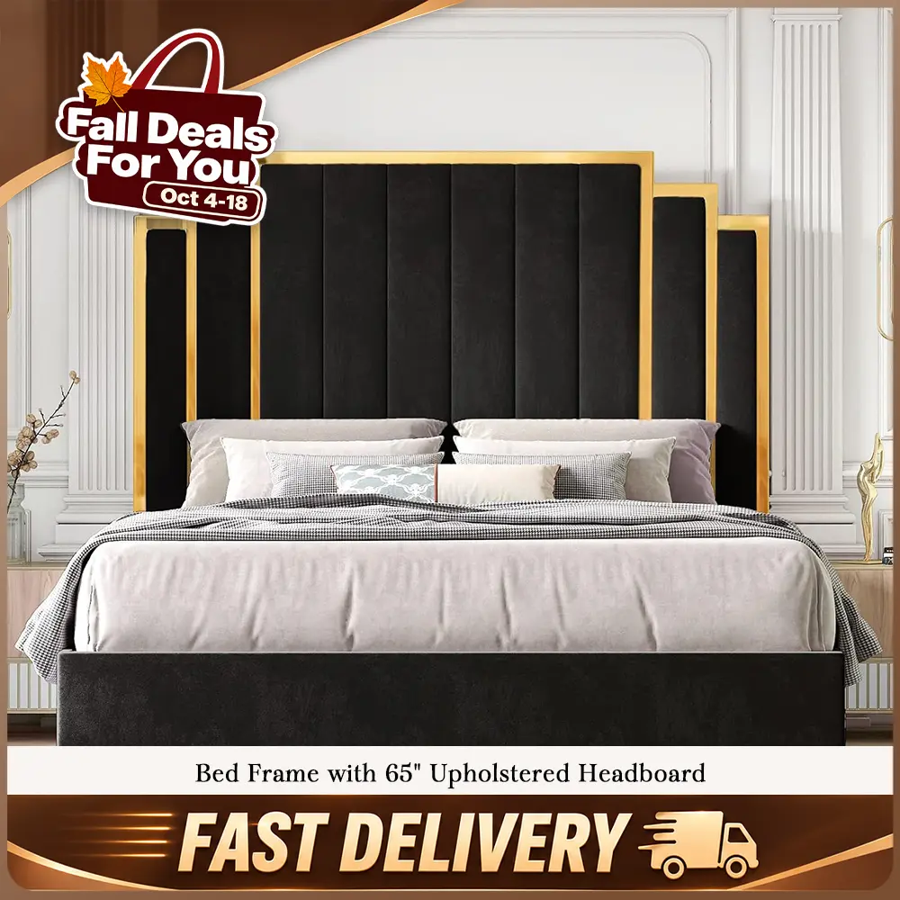 Amerlife King Size Upholstered Platform Bed Frame - Modern Velvet Headboard with Gold Trim, Durable Metal-Wood Slats, Box Spring Free, Unique Bedroom Furniture, 61"/65" Tall Back, Christmas Gift Idea