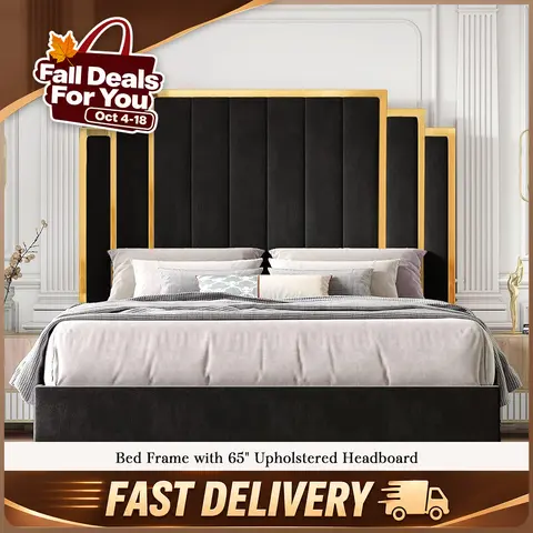 Amerlife King Size Upholstered Platform Bed Frame - Modern Velvet Headboard with Gold Trim, Durable Metal-Wood Slats, Box Spring Free, Unique Bedroom Furniture, 61"/65" Tall Back, Christmas Gift Idea