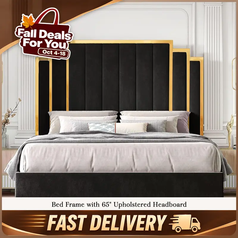 Amerlife King Size Upholstered Platform Bed Frame - Modern Velvet Headboard with Gold Trim, Durable Metal-Wood Slats, Box Spring Free, Unique Bedroom Furniture, 61"/65" Tall Back, Christmas Gift Idea