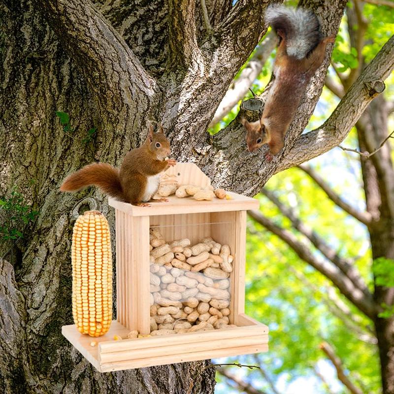 Practical wooden chipmunk squirrel feeding box with corn holder Plexiglas window for maximum viewing Hinged top for easy loading and cleaning