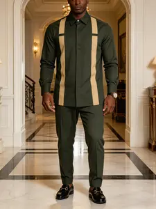Men's Business Style 2-Piece Set Suits, Notched Collar, Split Hem, Button-Placket Striped Shirt, Drawstring Long Pants, All Seasons, Casual Wear