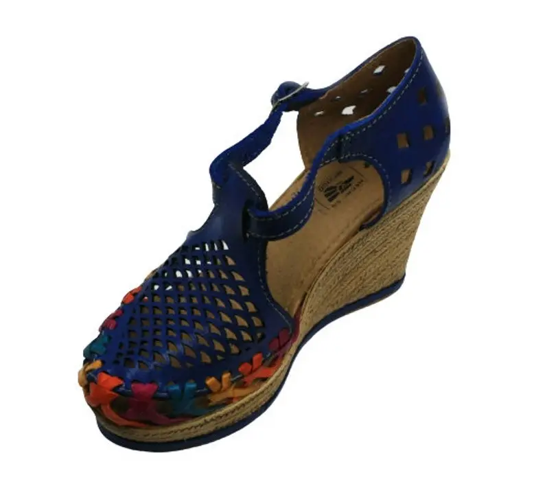 Women Genuine Leather Espadrille Wedges Mexican Blue Color Sandals