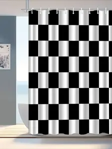 1 piece, black and white color scheme checkerboard pattern shower curtain with hook, washable shower curtain, bathroom baffle, bathroom accessories, home decoration 2D flat print (including 12 hooks, excluding shower curtain rod)