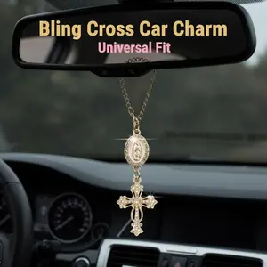 ✨Cross Car Hanging Ornament ✨ Diamond - Inlaid Metal Chain Sturdy Pendant Car Accessory
