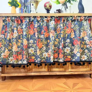 Oil Painting Style Large Flower Cabinet Curtain No Drilling Required, American Vintage Cotton Linen Dustproof Curtain, Faux Fur Fringe Covering, Easy Install Curtain