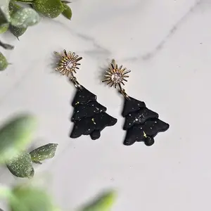 Black and Gold Christmas Tree Studs - Polymer Clay Earrings