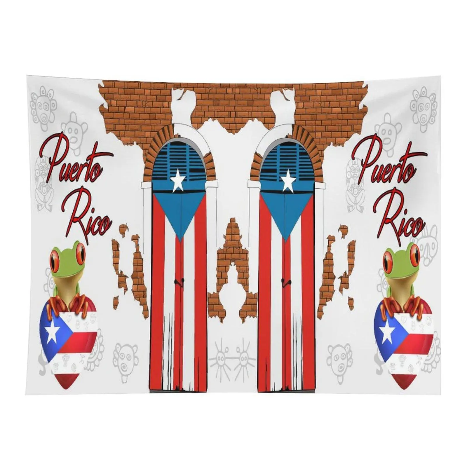 Puerto Rico Cultural Wall Tapestry Featuring Coqui Frog National Flag Vintage Brick Arch Door Art for Home Bedroom Dorm Wall Decor