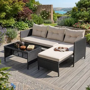 L-Shaped Sectional Patio Furniture 3PCS Wicker Rattan Outdoor Sofa Set with Chaise Lounge Loveseat Thick Soft Cushion Tempered Glass Coffee Table for Outdoor Yard Porch