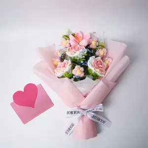 Crochet Flower Bouquet, 1 Count Hand Knitted Rose Crochet Flower Bouquet with Gift Bag & Greeting Card, Faux Crochet Flower for Home Decor, Weddings, Birthdays, Artificial Flowers Bouquet