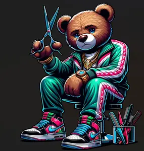 Barber Bear Ready to Press Heat Transfer DTF Transfer Direct to Film for Cotton and Polyester Garments with Firm Press Settings 300-320°F