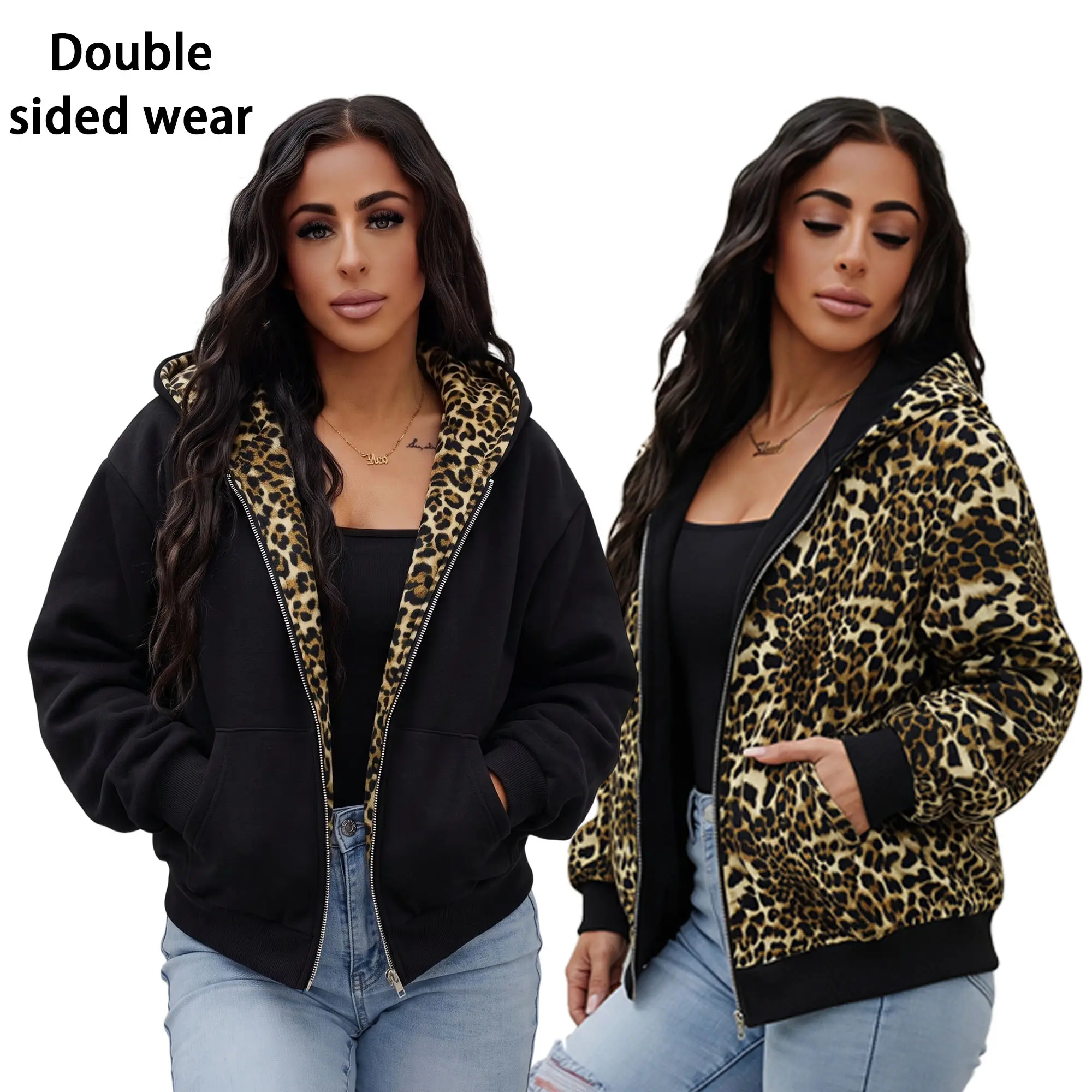 Women’s cotton zip-up hooded jacket with leopard-print lining, reversible for wear on both sides; solid-color outer layer with leopard-print lining; loose casual fit with front pockets; long-sleeve hoodie sweatshirt.Loose long-sleeve vintage street-style