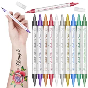 10 Color Temporary Tattoo Pens, DIY Nail Art Graffiti Pen Dual Head Marker, Soft Tip Metal Skin Marking Pen, Role Play Party Supplies, High Quality Glitter