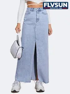 Casual Long Denim Skirt, High-Waisted Straight Leg, High Slit Daily Wear, Millennial Style Chic Blue Denim Skirt, Baby Blue Light Blue Multi-Color