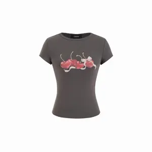 Cider Cotton-blend Cherry Graphic Round Neckline Short Sleeve Top SummerWins