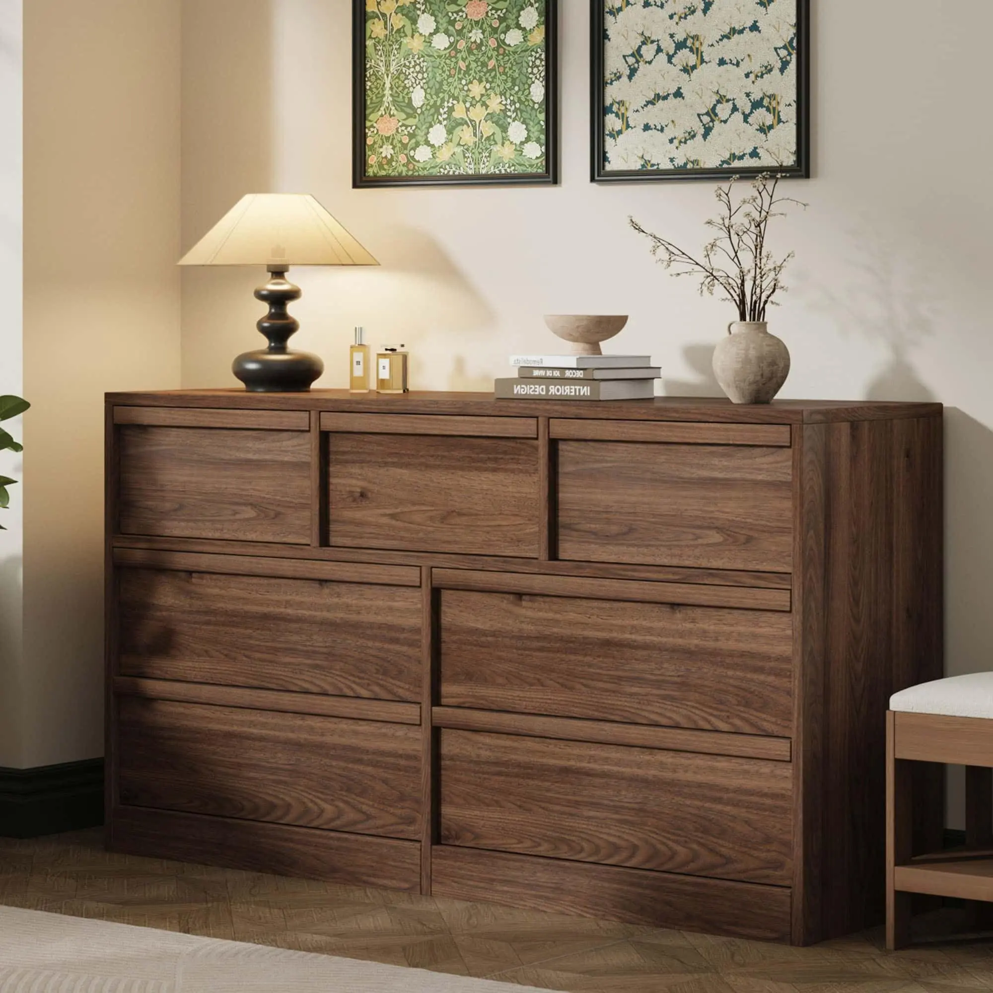 GAOMON 7-Drawer Bedroom Dresser, 54" Wide Freestanding Horizontal Wooden Dresser with Room Storage, for Living Room, Hallway, Dressers