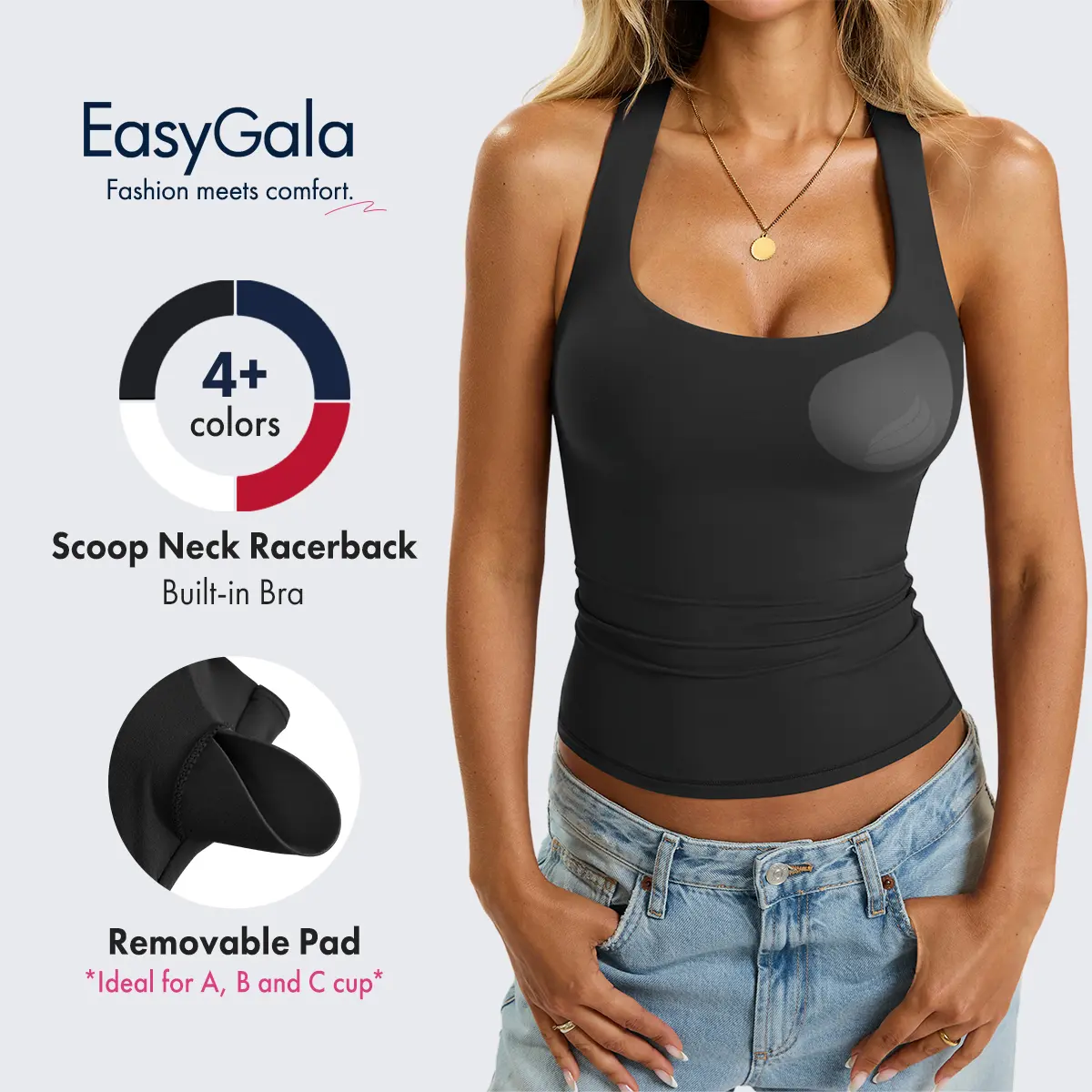 EasyGala Womens Padded Racerback Tank Tops Double Lined Built in Bra Cami Tops Basic Fitted Shirts Summer Going Out Tops #summervibes