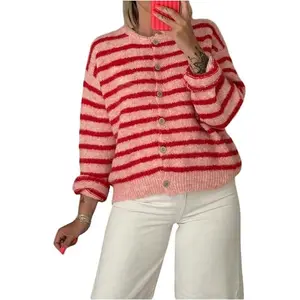 Women's Striped Button Up Cardigan Sweater Y2k Fall Long Sleeve Crewneck Oversized Sweater Top, striped button up sweater, Casual Loose Knit Striped Cardigan for Women, Trendy Striped Knit Cardigan with Buttons