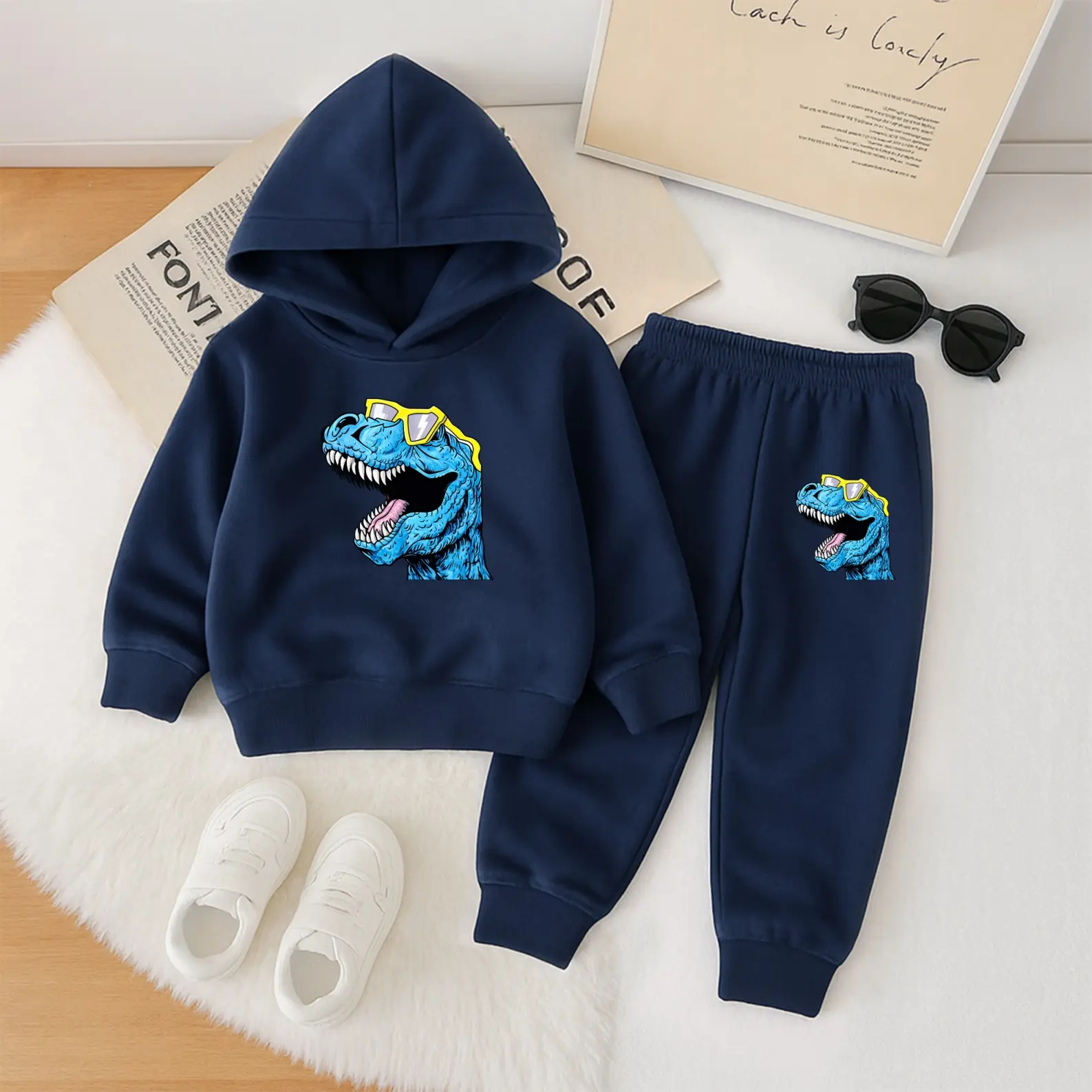 2-Piece Boys' Tracksuit Set, Fitted Fleece-Lined Long Sleeve Hoodie with Dinosaur Print and Tapered Joggers, Tracksuit Matching Set, Animal Print, Tapered Cut, Thick Fleece