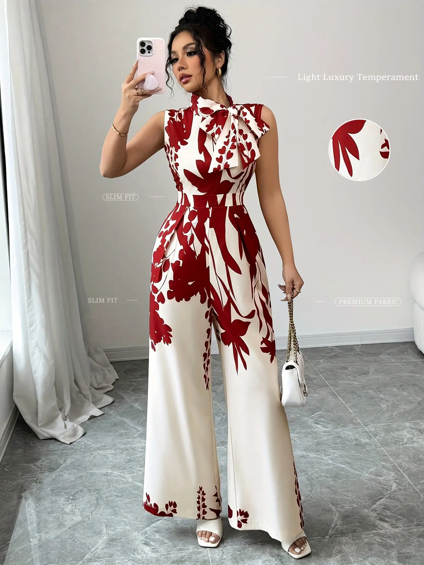 Ladies' Floral printed jumpsuit with stand up bow details, sleeveless wide leg jumpsuit, cinched waist, High waist, Chinese style printed design, Elegant, Chic, suitable for spring, summer/dating/commuting/vacation/light formal occasio
