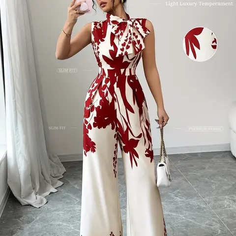 Ladies' Jumpsuit, Floral Print Jumpsuits, with Stand-Up Bow Details, Sleeveless Wide-Leg, Cinched Waist, Chinese Style Floral Printed Design, Spring & Summer Outfits, Suitable for Dating, Commuting, Vacation and Formal Occasions
