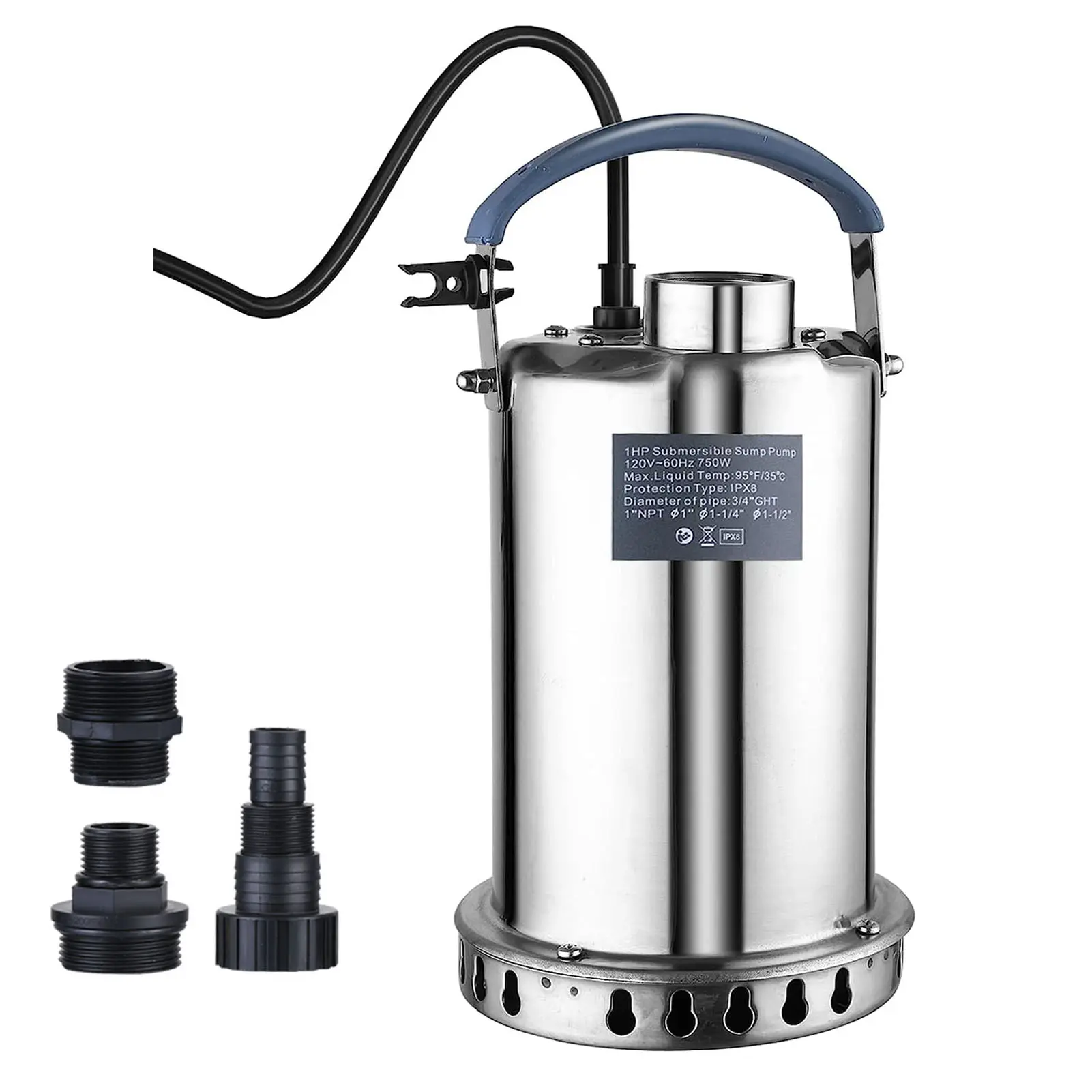 Sump Pump 1HP Submersible Water Pump 3700GPH Stainless Steel Portable Electric for Pool Draining Hot Tub Basement Utility Pumps with 3 Adapters